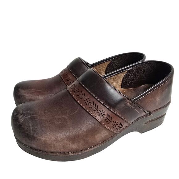 Brown Clogs Dansko Penny Size EU40 US 9.5-10 Burnish Nubuck Leather Floral Leaf - Picture 4 of 14